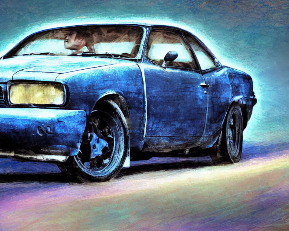 Blue Classic Car with Artistic Painted Effects: Colorful and Dynamic