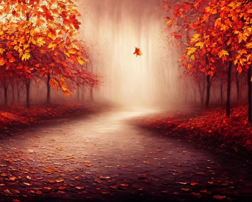 Tranquil autumn path with red and orange leaves, misty background