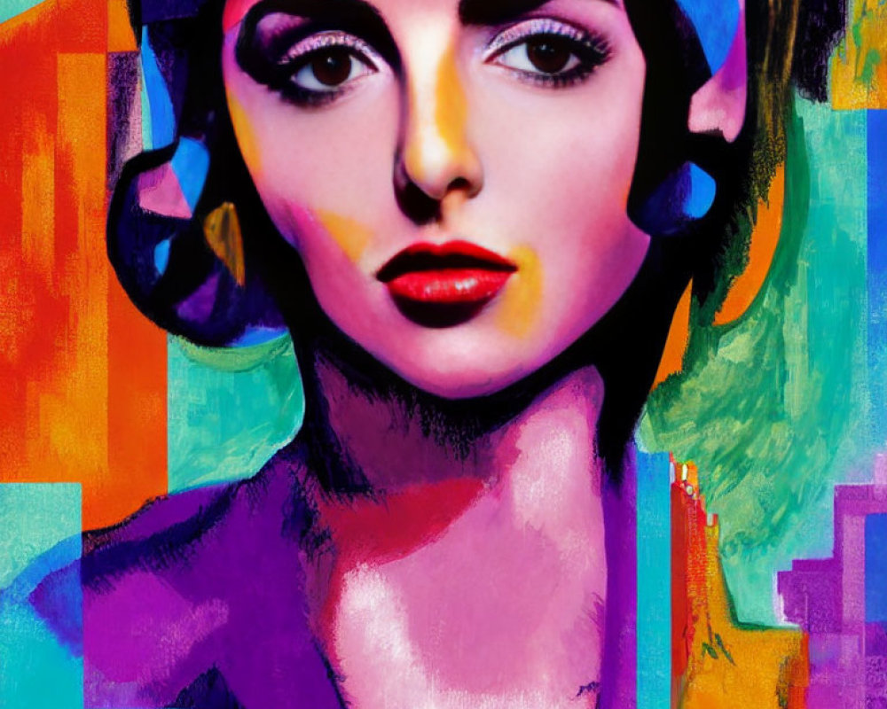 Colorful abstract portrait of a woman with bold makeup and geometric backdrop