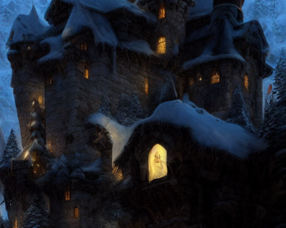 Snow-covered castle windows glowing in wintry forest dusk