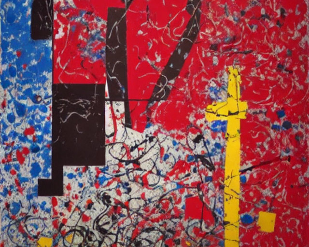 Abstract painting with bold blue and red blocks and erratic black and white lines.