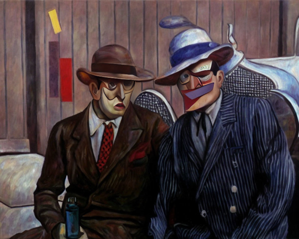 Stylized figures in vintage attire with obscured faces and classic car background