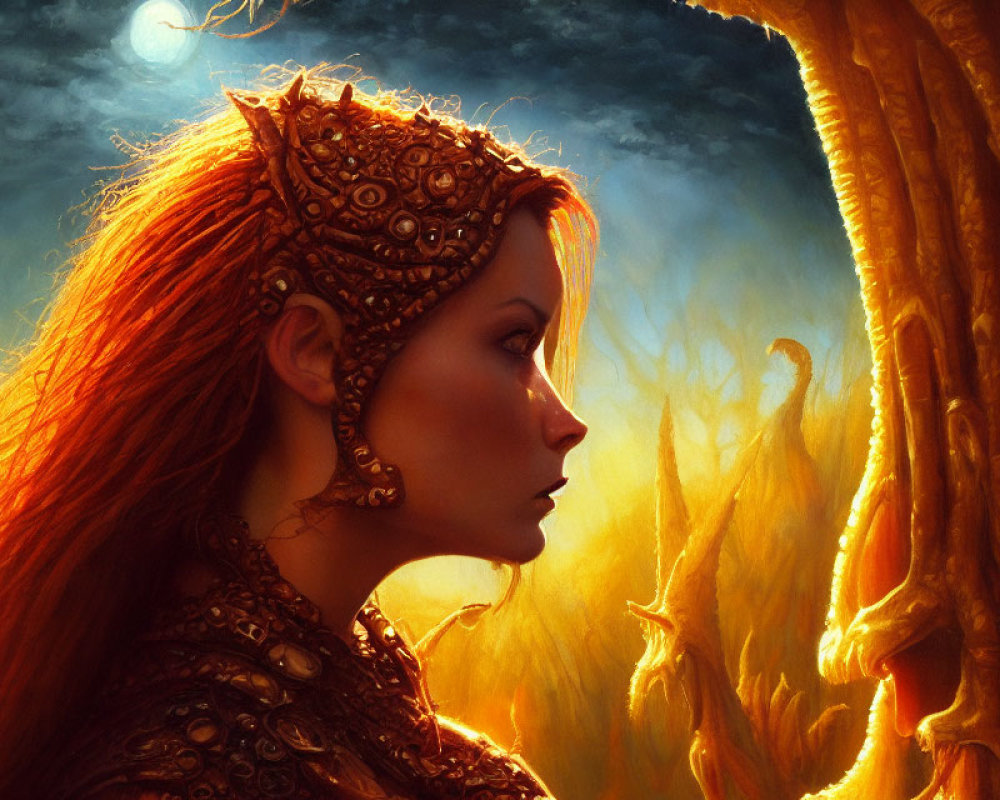 Detailed Crown on Woman in Profile Gazing at Glowing Tree