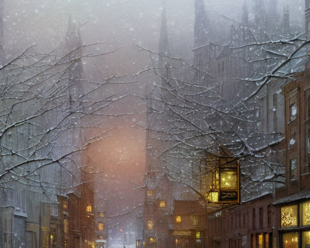 Snowy cityscape at dusk with glowing street lights, bare trees, and historical buildings.