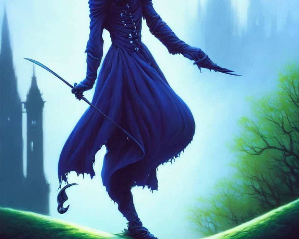 Illustration of figure in dark cloak with sword at misty castle