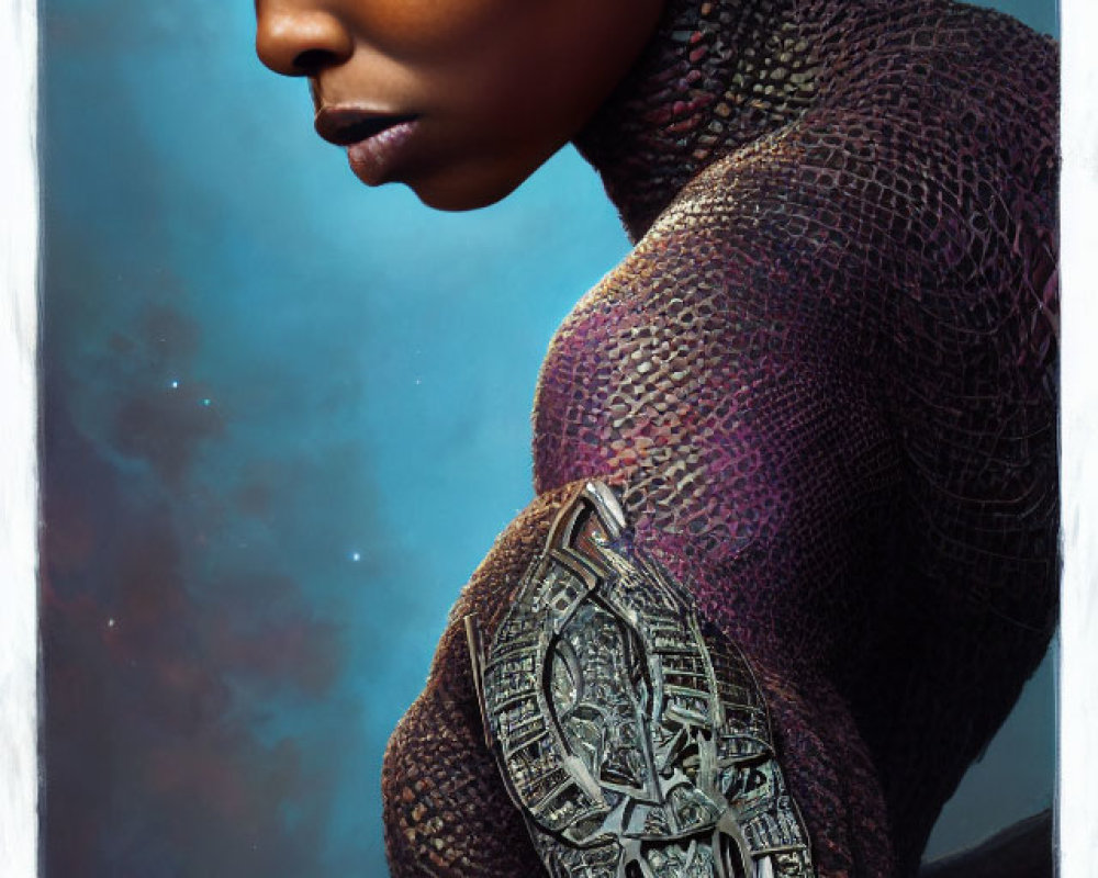 Person in Textured Suit with Metallic Shoulder Piece in Cosmic Setting