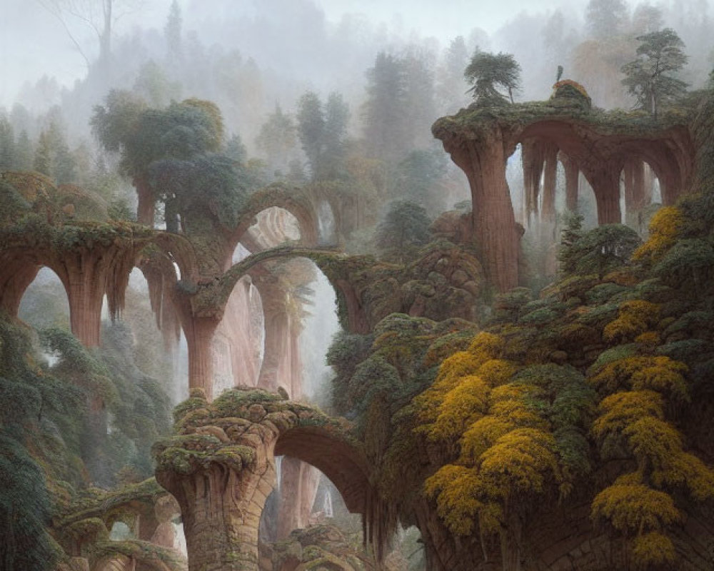 Fantastical misty landscape with towering tree arches over tranquil waters