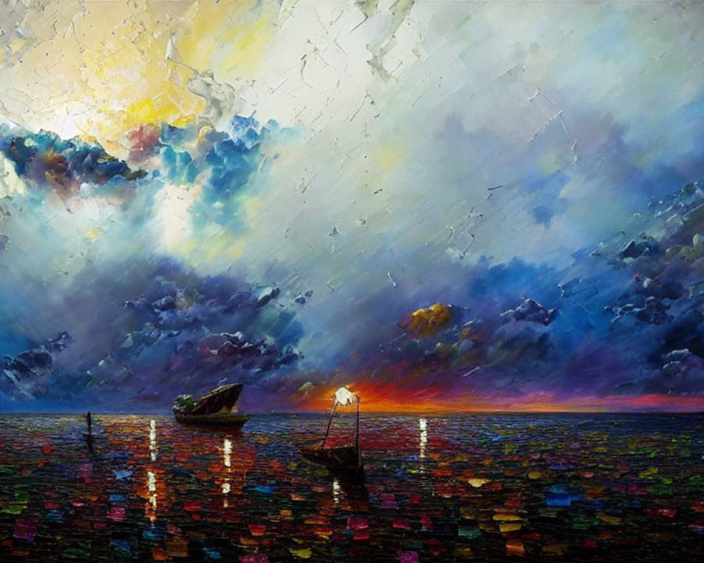 Colorful Stormy Sea Sunset Painting with Boat and House