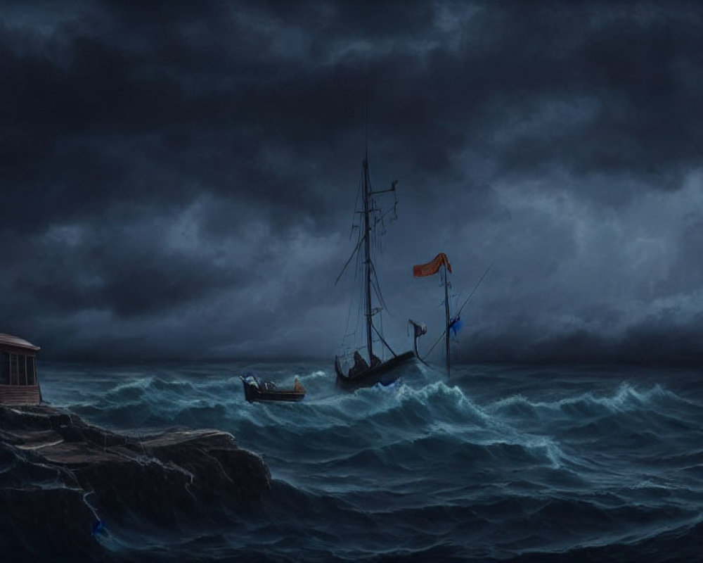 Ship navigating stormy seas near rocky coast under dark sky