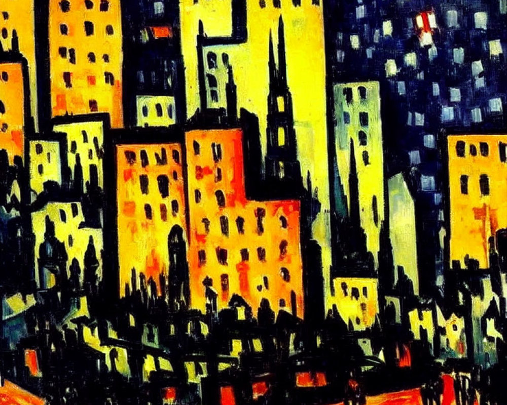 Colorful expressionist cityscape painting at night with bold brush strokes portraying illuminated buildings on a dark background