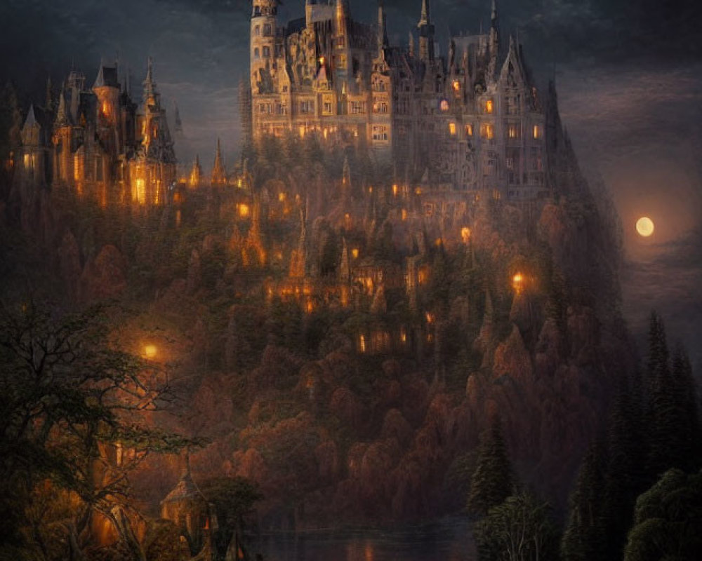 Gothic castle on cliff in mystical forest under moonlit sky