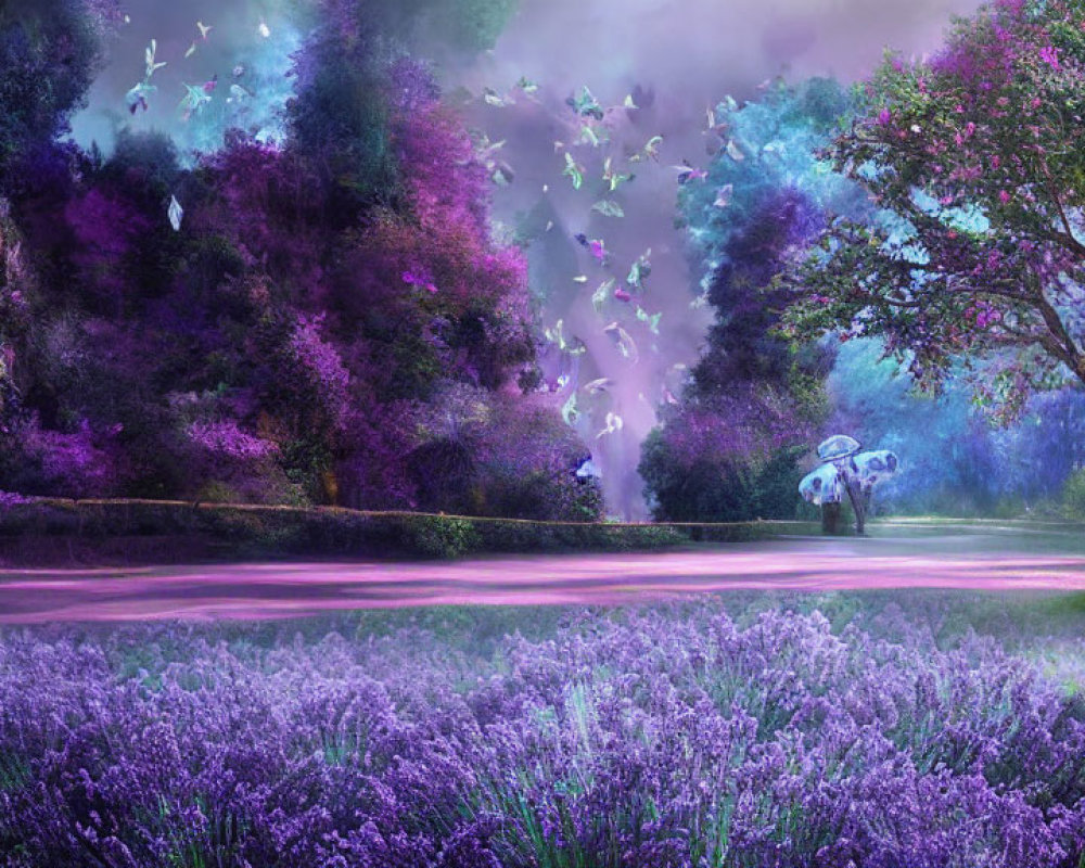 Mystical forest scene with lavender flora, butterflies, and ethereal fog