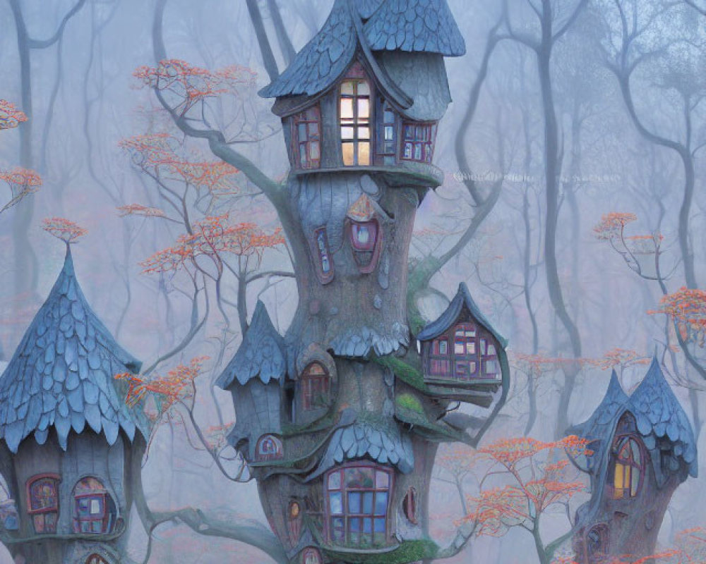 Whimsical multi-roofed treehouse in blue forest with red-leaved trees