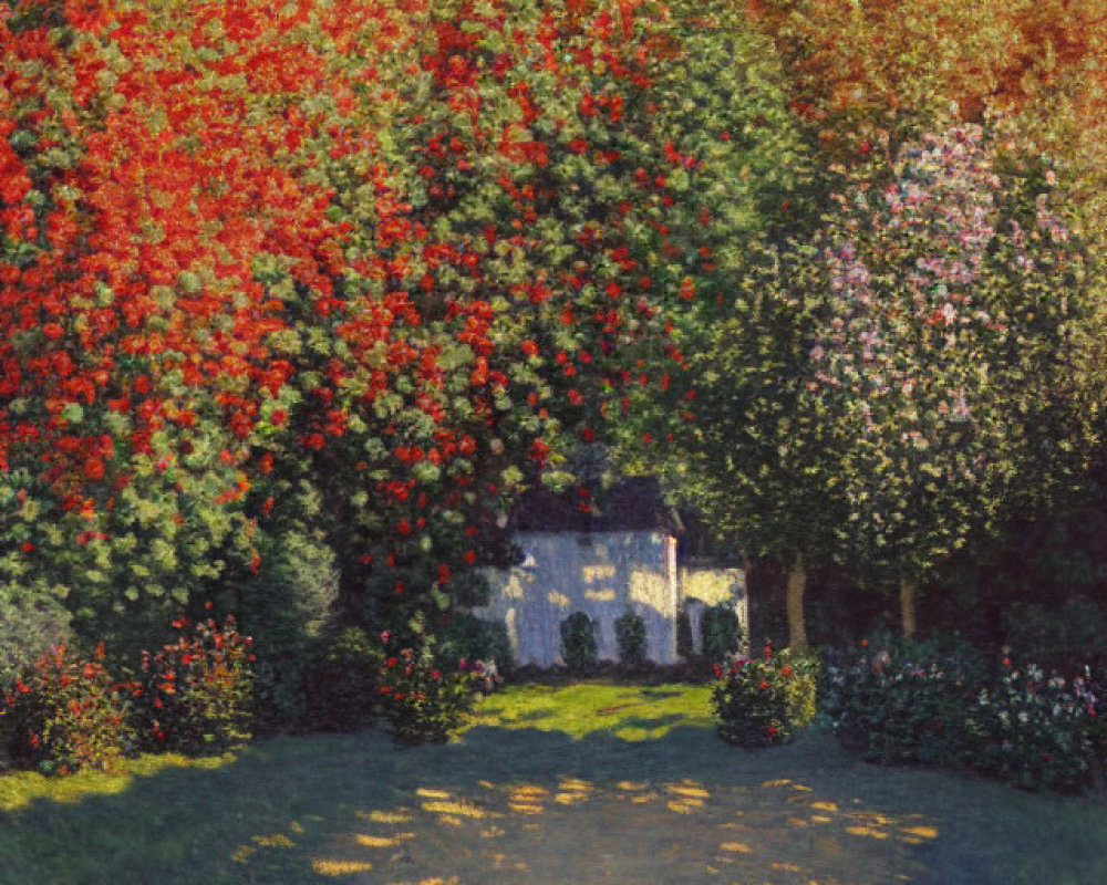 Lush Trees Surround Quaint White House in Painting