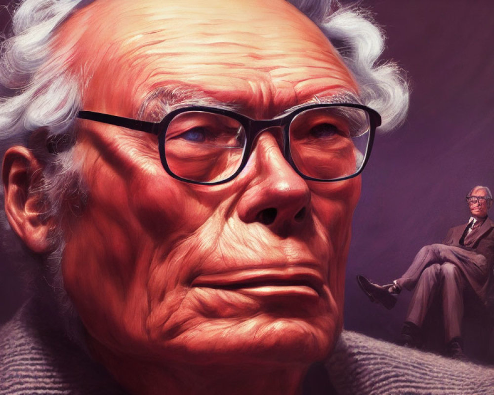 Detailed illustration of elderly man with white hair and glasses, featuring smaller seated figure.