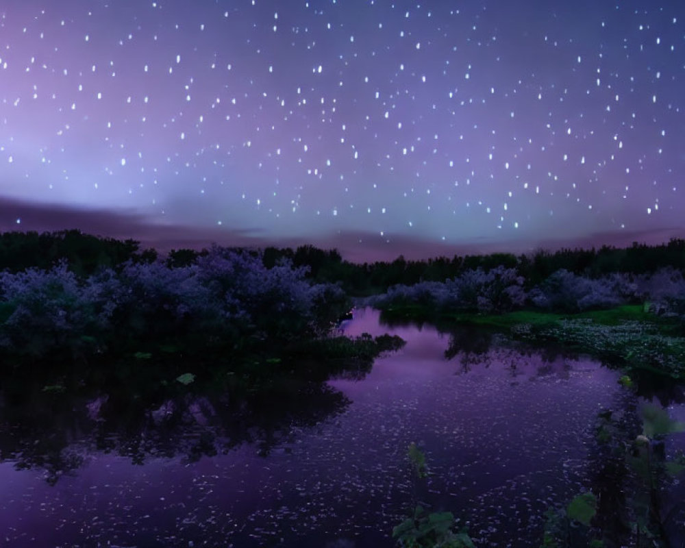 Serene night landscape with star trails, river reflection, silhouetted trees