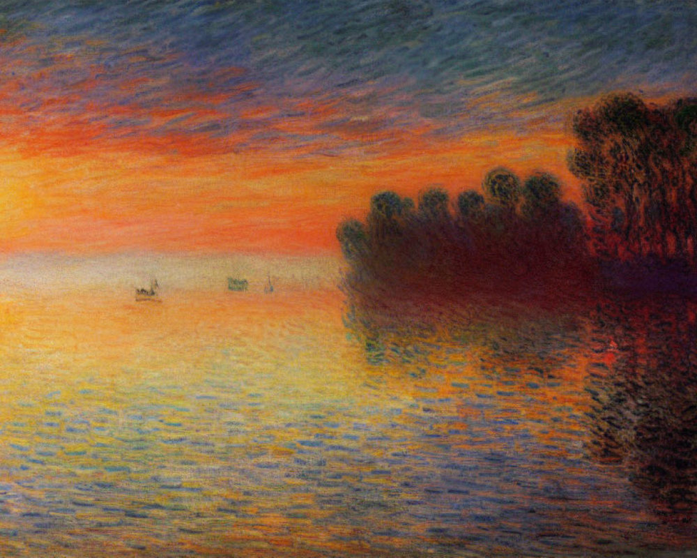 Vibrant Sunrise Painting with Trees, Boats, and Impressionist Style