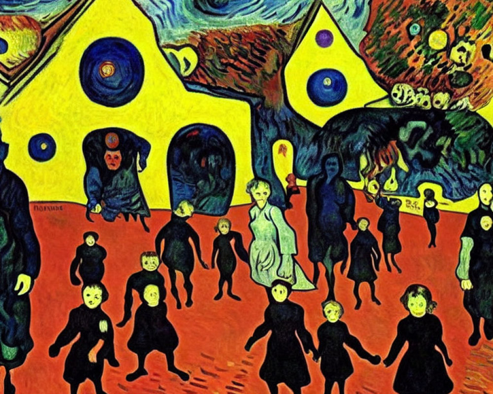 Expressionist Painting: Distorted Figures in Black with Yellow Houses and Swirling Sky