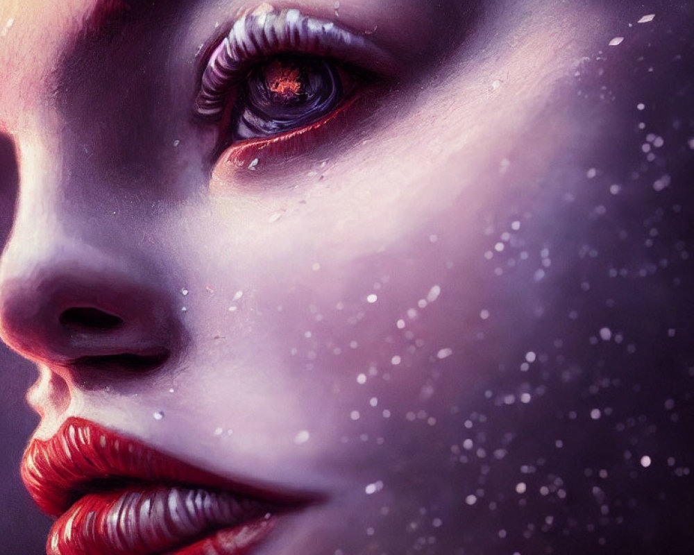 Close-Up of Woman's Face with Dramatic Red Eye Makeup in Surreal Purple Setting