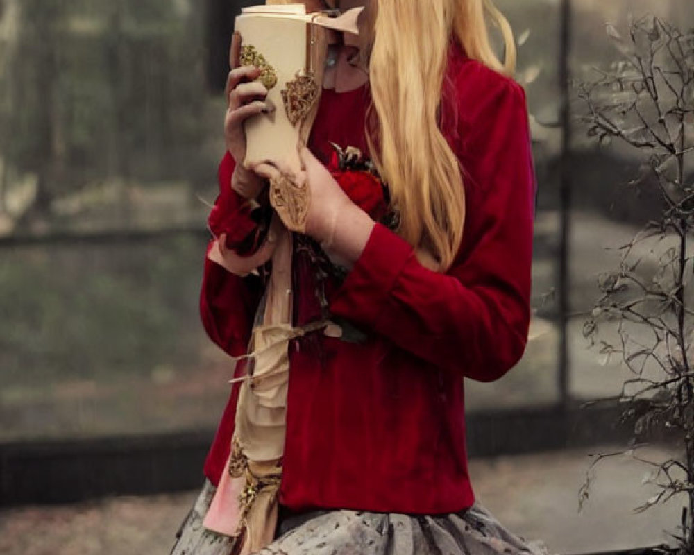 Person in Red Jacket and Skirt Holding Cup with Floral Headband