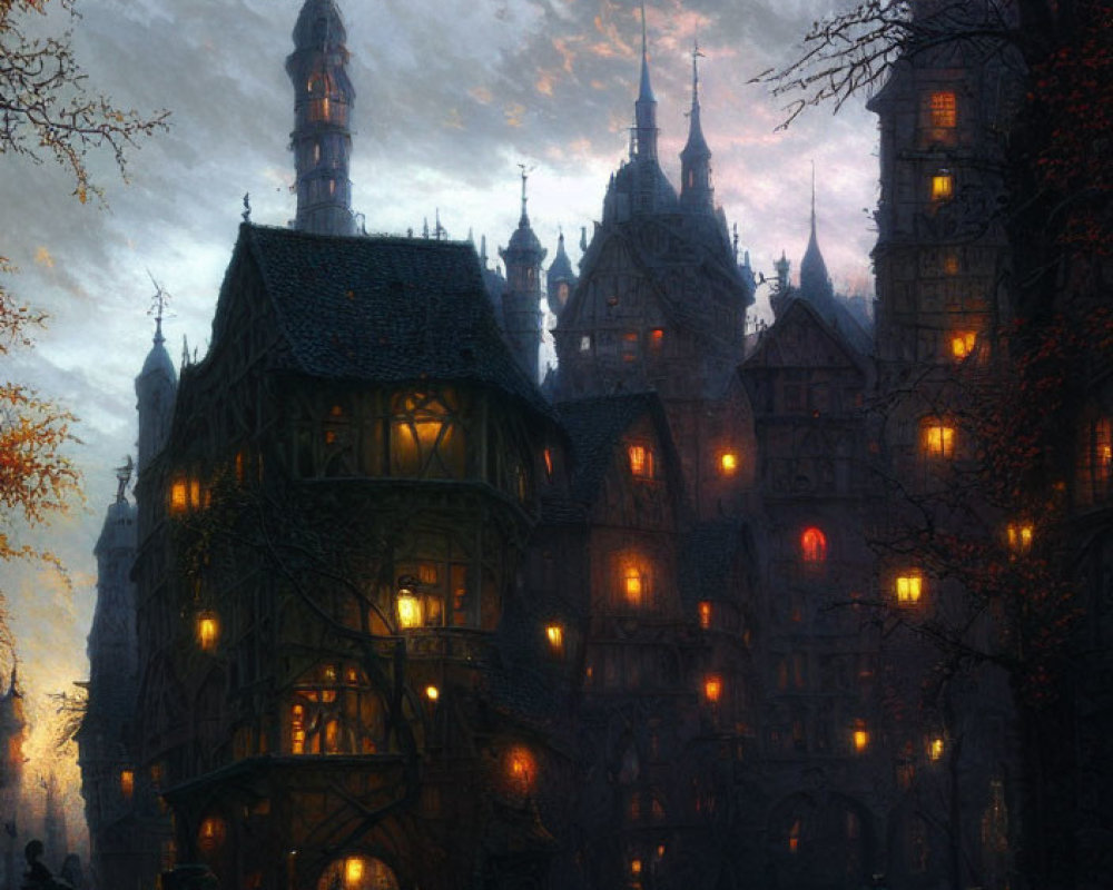 Mystical twilight scene of old Gothic town with warmly lit windows