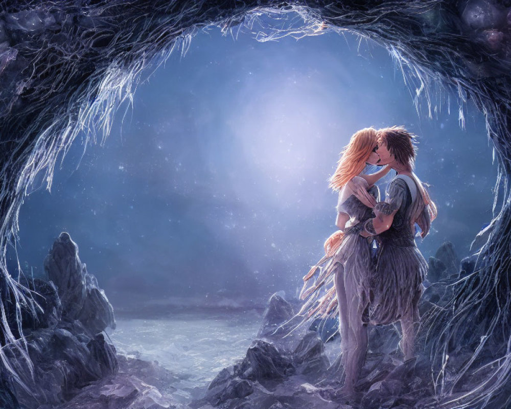 Couple Embracing in Mystical Cave with Blue Light and Ice Formations