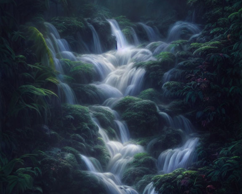 Mystical cascading waterfall in dense, misty forest