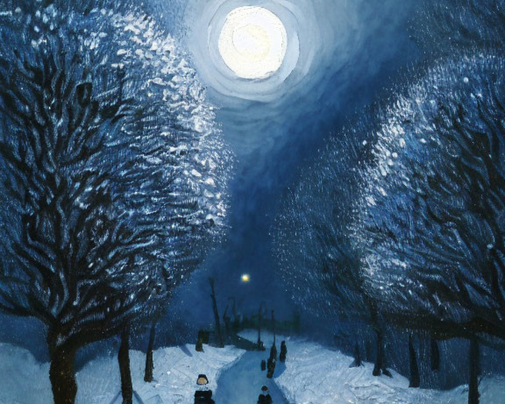 Winter Night Painting: Moonlit Snowy Path with Figures