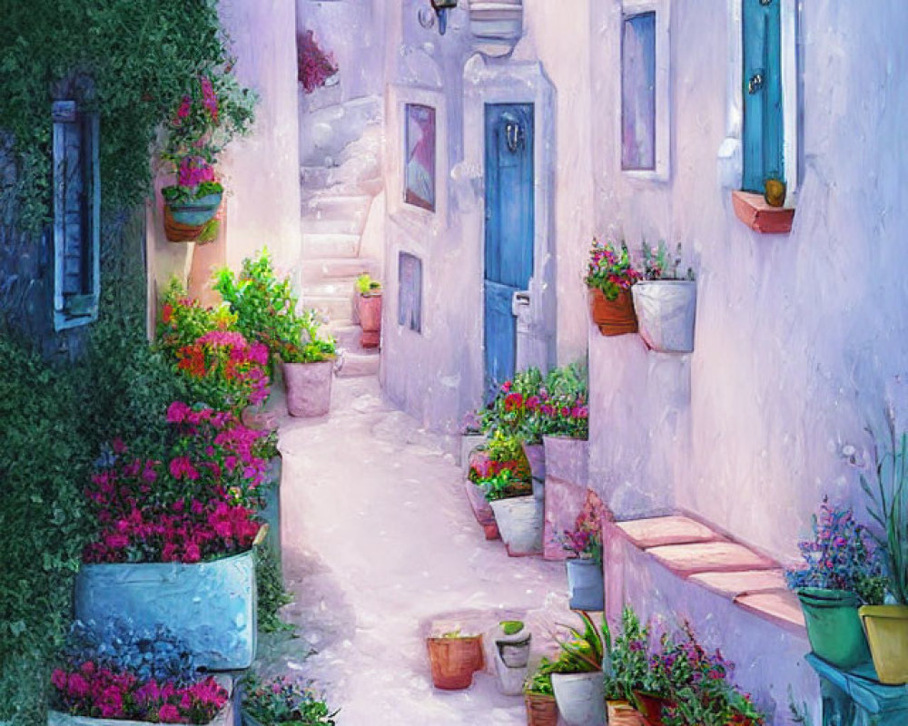 Picturesque alley with vibrant flowers on cobblestone path