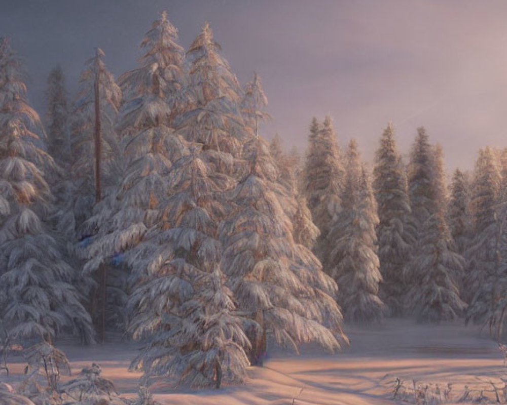 Tranquil snow-covered pine trees in serene twilight hues