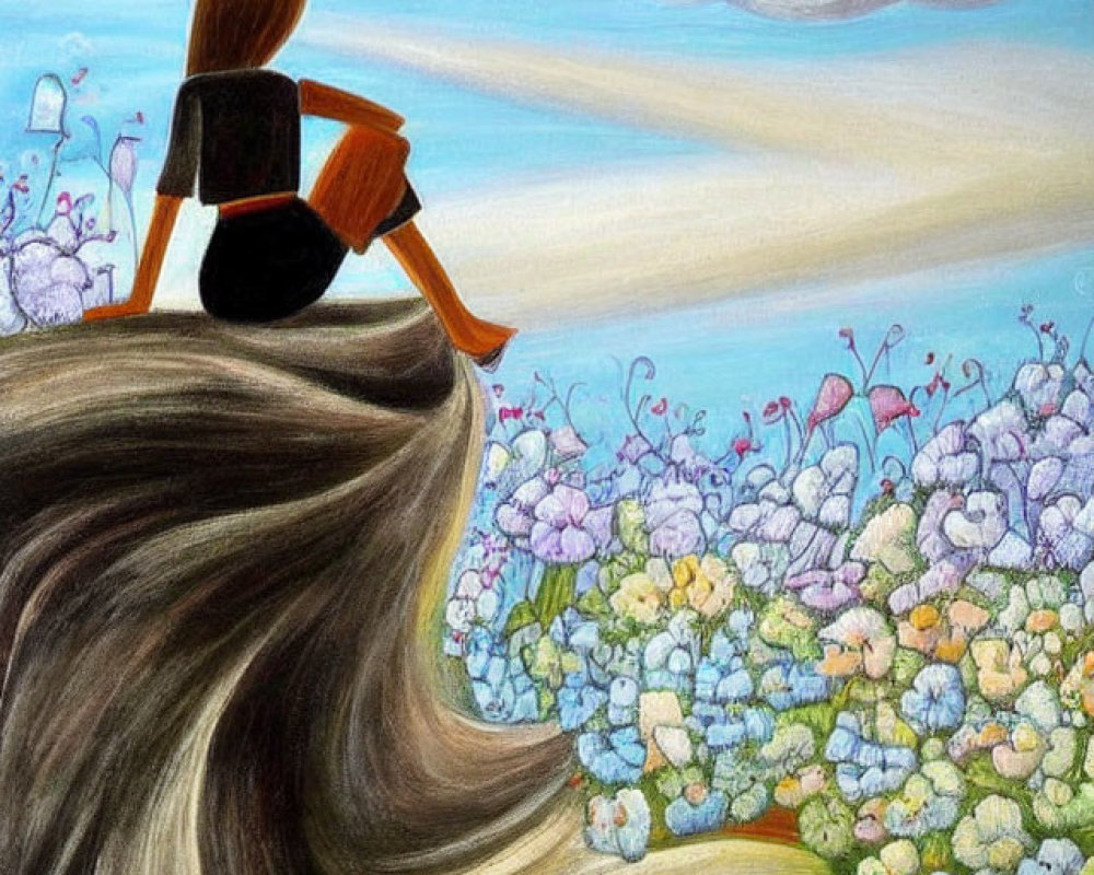 Whimsical painting of woman with flowing hair and teapot on head