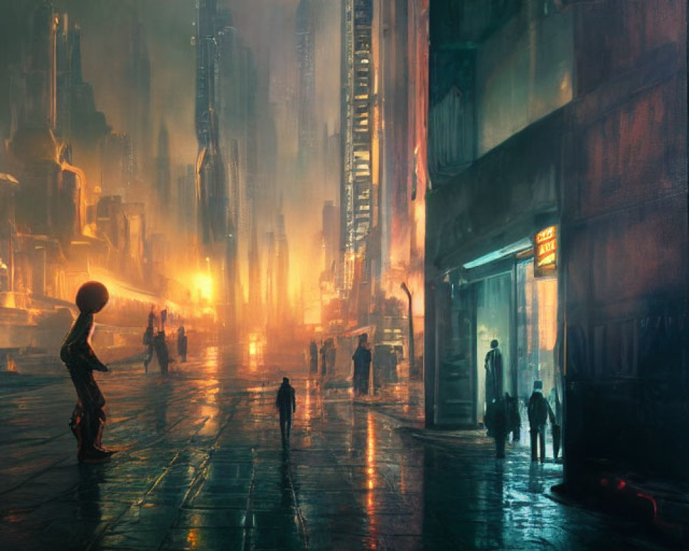 Futuristic cityscape at dusk with skyscrapers and neon signs