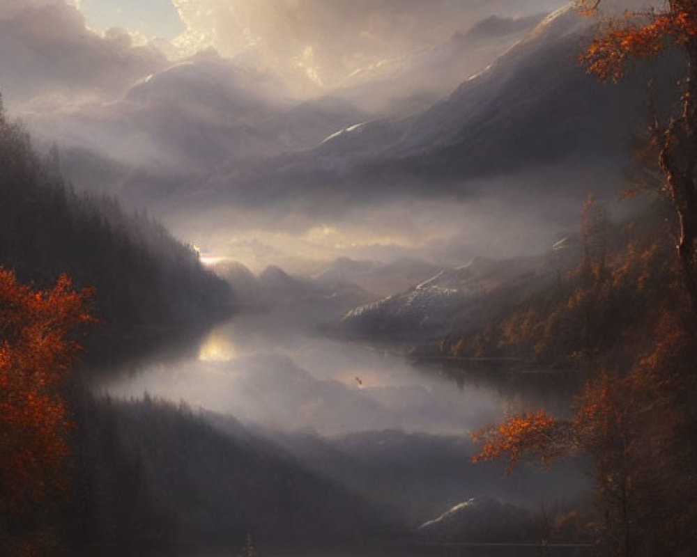 Misty valley with autumn trees, river, and dramatic sky