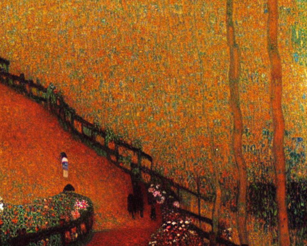 Vibrant garden path painting with orange hues and figures walking under trees