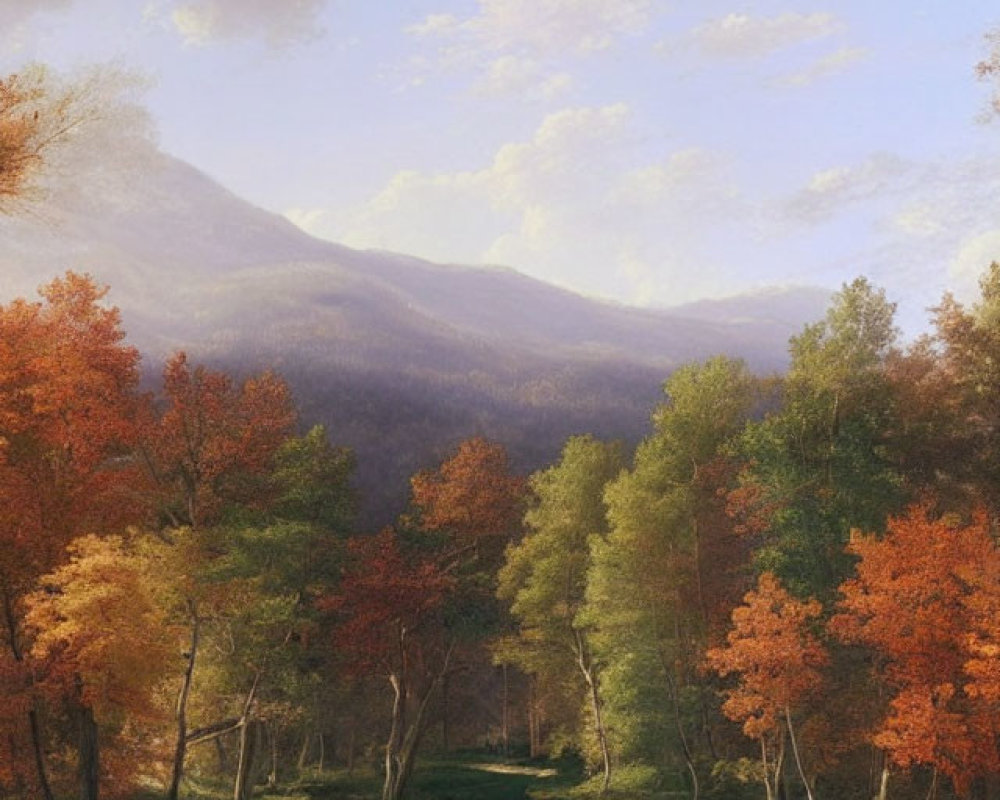 Autumn forest path painting with mountains and cloudy sky