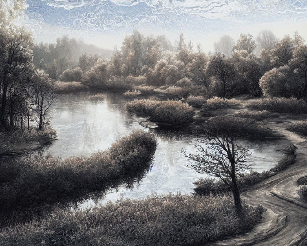 Tranquil winter landscape with winding river and snowy trees.