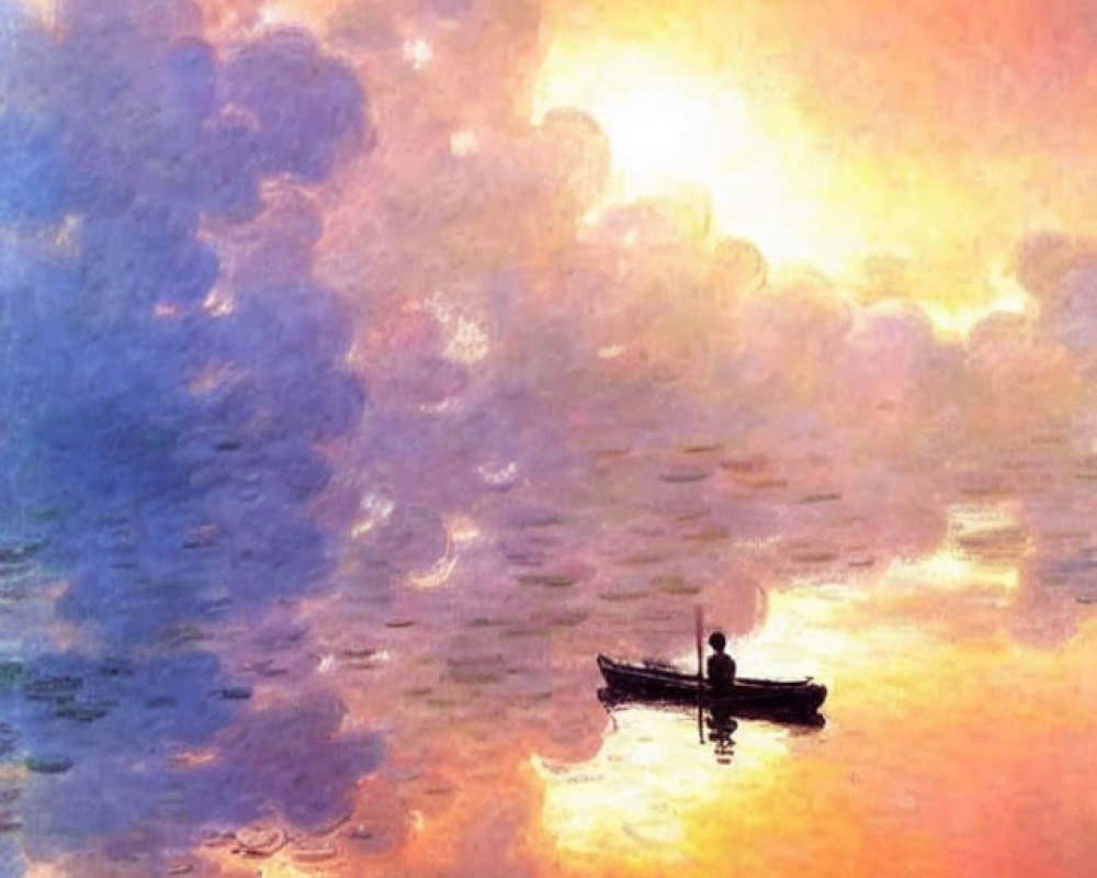 Tranquil painting of rowboat on calm water at sunrise or sunset