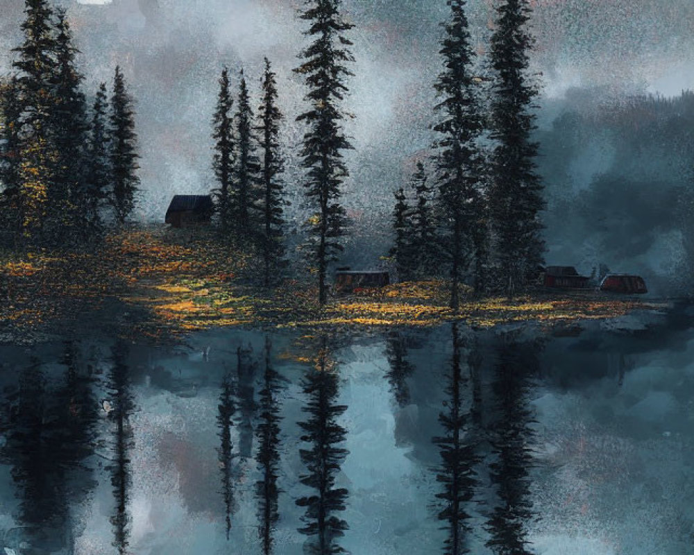 Tranquil misty landscape with cabin, lake, and evergreen trees at dusk or dawn