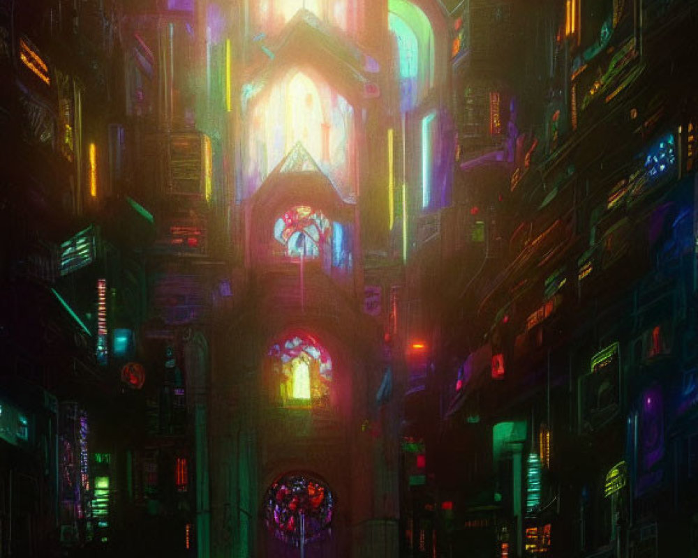 Futuristic neon cityscape with cathedral-like building and towering structures