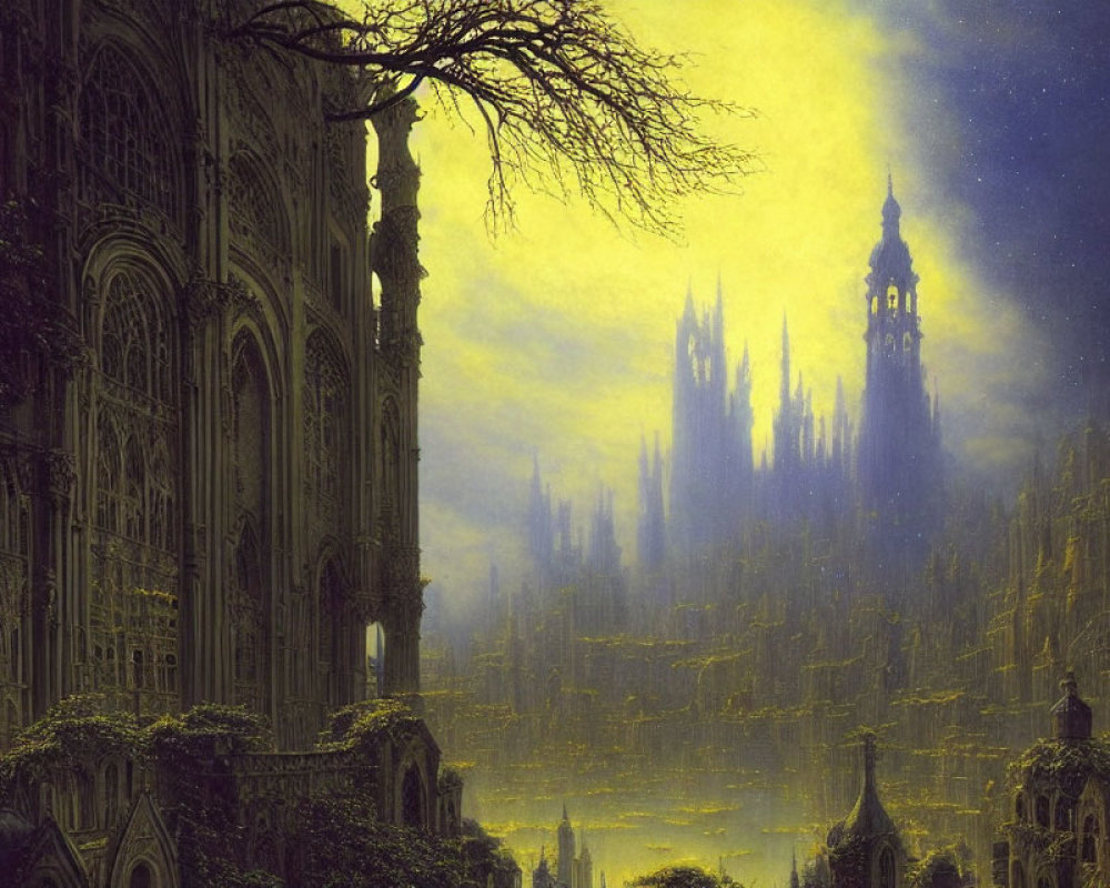 Gothic cityscape with towering spires and old tree on building edge