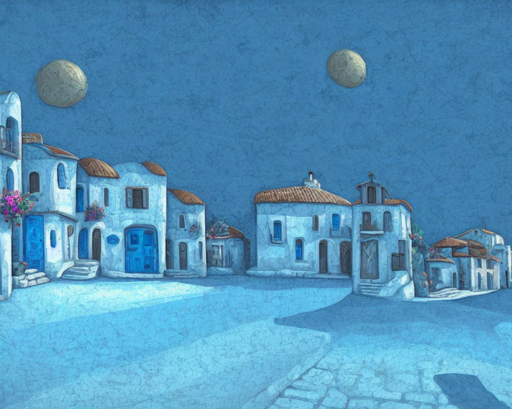 Illustration of quaint village with blue buildings and double moons