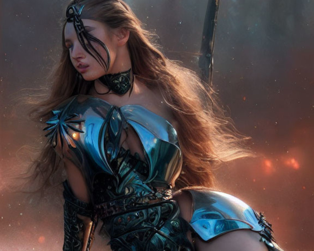 Fantasy armor woman with bow in mystical forest scene