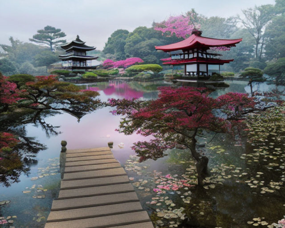 Tranquil Japanese Garden with Wooden Bridge and Red Pagoda