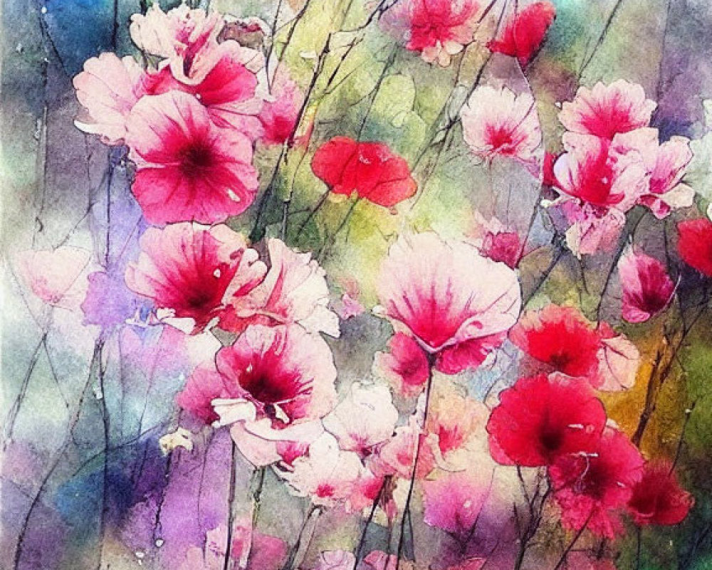 Colorful watercolor painting of pink and red flowers on textured background