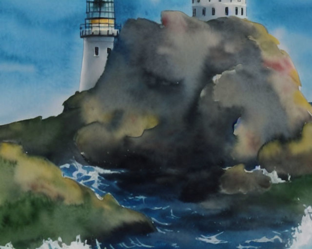 Scenic watercolor painting of lighthouse on rocky islet