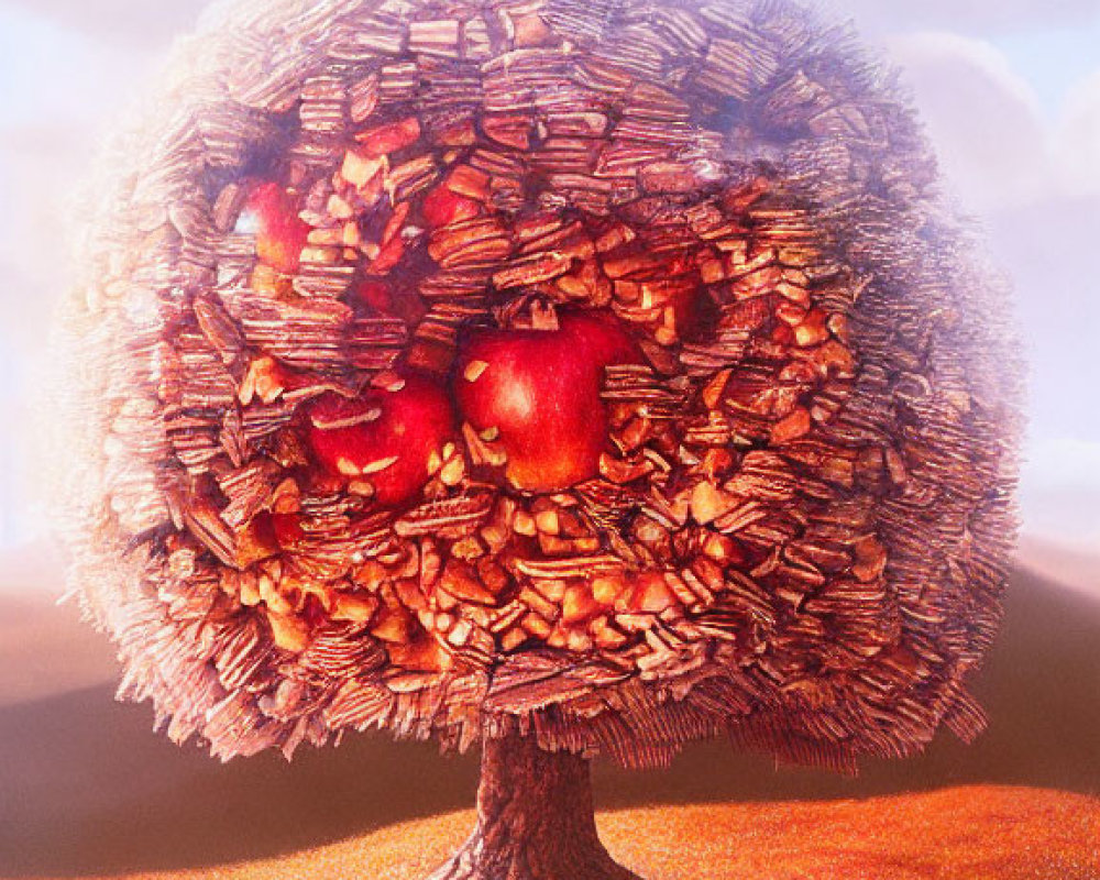 Whimsical tree with book canopy and red apples in sunny sky