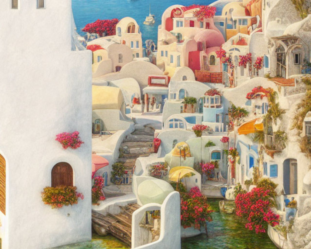 Coastal village with white buildings, blue roofs, flowers, and boats