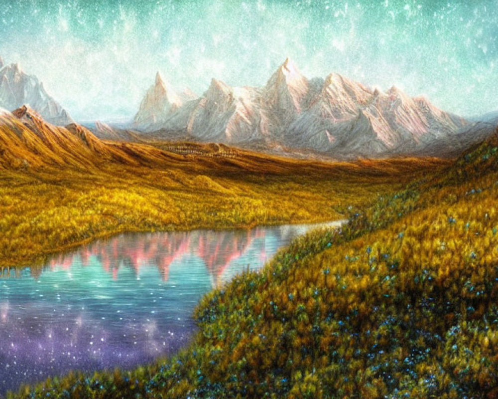 Tranquil Landscape: Reflective Lake, Meadow, Snow-Capped Mountains