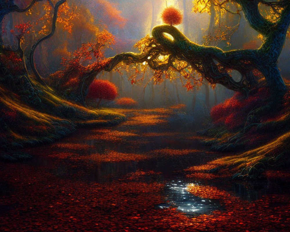 Dark forest with red leaves, serene path, and reflective pond