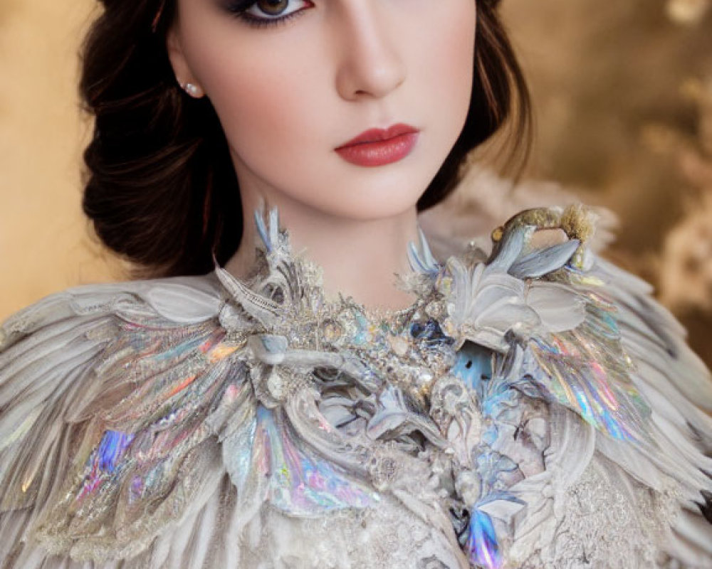 Dark-haired woman in ornate feathered dress on golden background